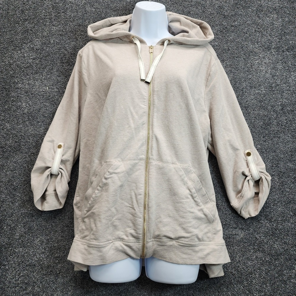 Chico's Zenergy Women's Hooded Full Zip Jacket Tan Athleisure Travel Size 3 XL